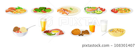 Nutritious Tasty Dishes Served on Plates Vector Set 108301407