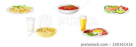 Nutritious Tasty Dishes Served on Plates Vector Set 108301416