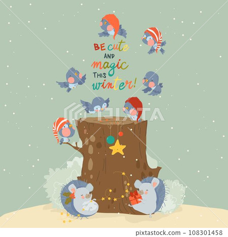 Little Birds sitting on Stump in Winter Forest 108301458