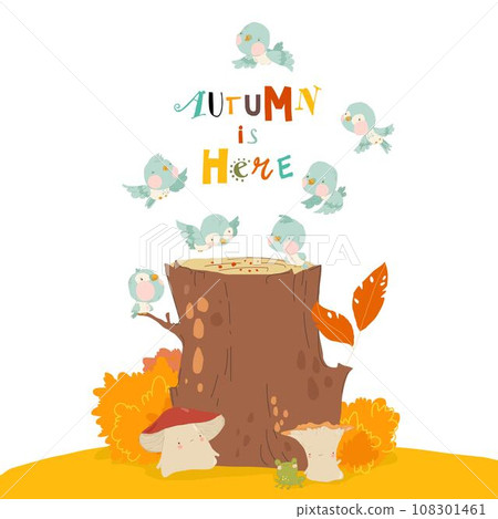 Little Birds sitting on Stump in Autumn Forest Little Birds sitting on Stump in Autumn Forest 108301461