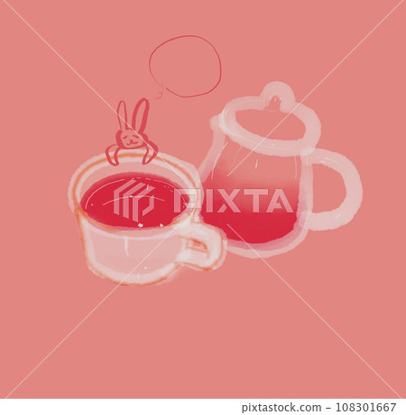 Relaxing rabbit's strawberry tea (copy space, speech bubble) 108301667
