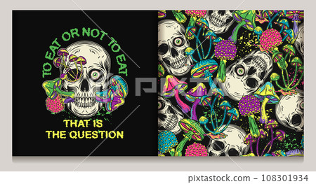 Pattern, label with human skull, mushrooms, text. Crazy mad skull with eye, mushrooms growing through skull. Concept of madness and craziness Surreal illustration for groovy, psychedelic design Not AI Pattern, label with human skull, mushrooms, text. Crazy mad skull with eye, mushrooms growing through skull. Concept of madness and craziness Surreal illustration for groovy, psychedelic design Not AI 108301934