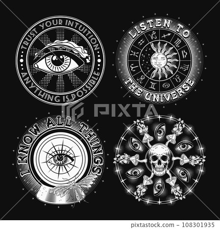 Set of labels with magic crystal ball, zodiacal signs, human skull, text. Surreal, mystic, occult concept. For clothing, apparel, T-shirts, surface decoration. Vintage style illustration on black Set of labels with magic crystal ball, zodiacal signs, human skull, text. Surreal, mystic, occult concept. For clothing, apparel, T-shirts, surface decoration. Vintage style illustration on black 108301935