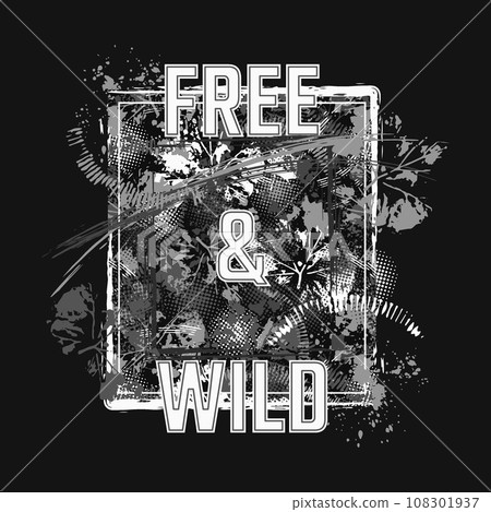 Monochrome rectangular camouflage label with splattered paint, paint brush strokes, leaves, halftone shapes, text Free and Wild. Grunge texture. For sport goods, textile design. Not AI Monochrome rectangular camouflage label with splattered paint, paint brush strokes, leaves, halftone shapes, text Free and Wild. Grunge texture. For sport goods, textile design. Not AI 108301937