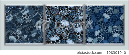 Set of blue camouflage patterns with human skulls, abstract brushstrokes, roses. Random chaotic composition. Good for apparel, clothing, fabric, textile, sport goods. 108301940