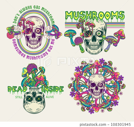 Labels with colorful fantasy mushrooms, human skull, text. Crazy mad skull with single eye and growing through mushrooms. Illustrations on white background. Vintage style. 108301945