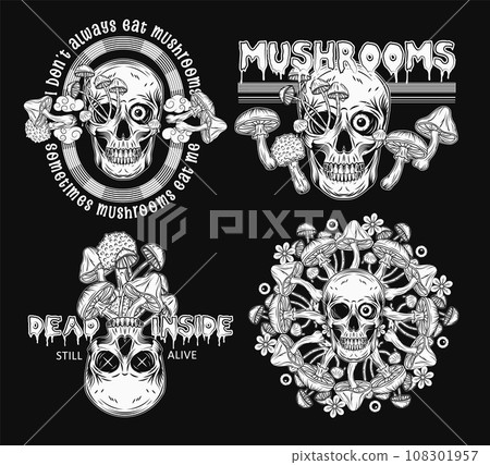 Labels with colorful fantasy mushrooms, human skull, text. Crazy mad skull with single eye and growing through mushrooms. Illustrations on black background. Vintage style. 108301957