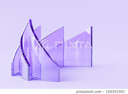 3d render abstract glass purple geometric background. Transparent crystal curved triangle plates, hologram gradient frames with layered effect, stage with plastic or acrylic shapes. 3D illustration 3d render abstract glass purple geometric background. Transparent crystal curved triangle plates, hologram gradient frames with layered effect, stage with plastic or acrylic shapes. 3D illustration 108301981