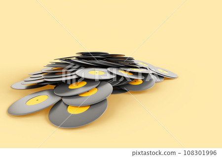 3d render heap of black vinyl records to play music on yellow background. Gramophone record, vintage lp disc, single disk for player or turntable dj mixer. Disco, retro party banner. 3D illustration 108301996