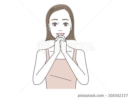 A woman with her eyes wide open and her fingers crossed looking happy 108302157