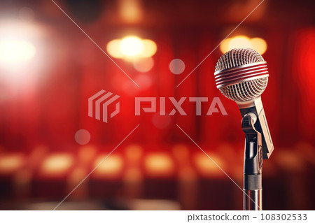Close up shot of stage microphone. Generative Ai Close up shot of stage microphone. Generative Ai 108302533