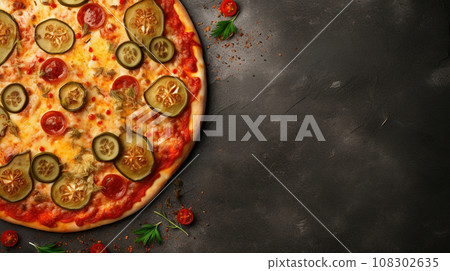 Pickle pizza on a dark background. environmentally responsible food choices concept Pickle pizza on a dark background. environmentally responsible food choices concept 108302635