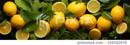 BANNER with whole ripe lemons, top view BANNER with whole ripe lemons, top view 108302676