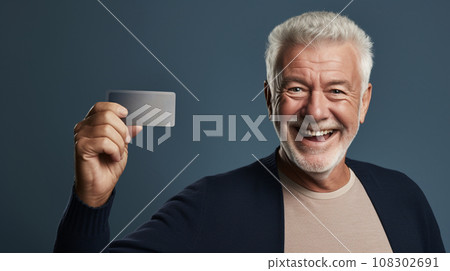 A happy old man holding a credit card, looking at the camera 108302691