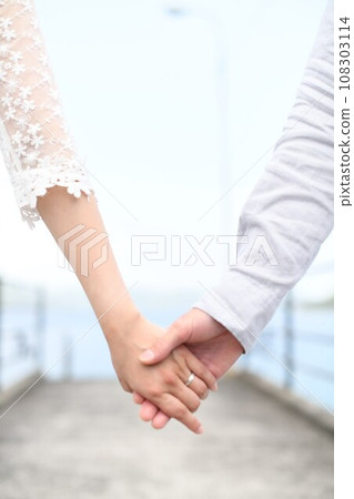 Wedding photo holding hands on a bridge 108303114