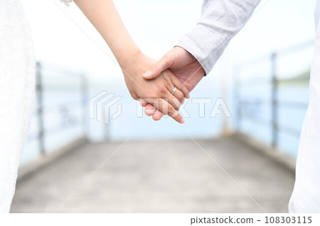 Wedding photo holding hands on a bridge 108303115