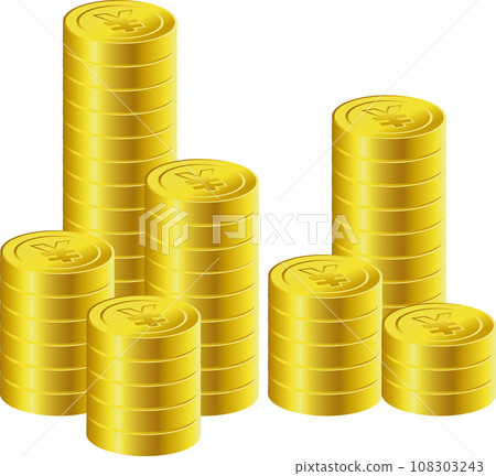 Illustration of yen coins with ¥ marks stacked up straight Illustration of yen coins with ¥ marks stacked up straight 108303243