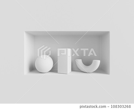 3d render white wall with niche and geometric shapes. Rectangular shelf with sphere, rectangle, half torus in gallery or studio room, elements of architectural and interior decoration. 3D illustration 108303268