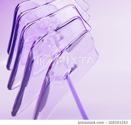Crystal glass plates with layers effect and holographic gradient texture on purple abstract background 3d render. Iridescent transparent geometric shapes lines with light refraction. 3D illustration 108303283
