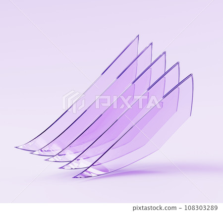 3d render abstract geometric background with layers of plastic film sheets, transparent flexible glass or crystal plates. Iridescent wave shapes with sharp edges and hologram gradient. 3D illustration 108303289