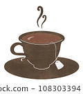 熱氣騰騰的手繪紅茶插圖（棕色杯子、碟子和茶袋） 108303394