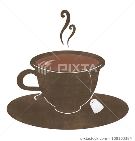 Illustration of steaming, hand-drawn black tea (brown mug, saucer, and tea bag) 108303394