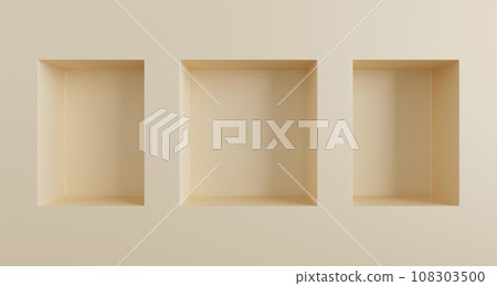 3d render beige wall with square and rectangle box shelves, empty three niches. Nude studio room minimal showcase, blank interior recess frames, abstract product presentation platform. 3D illustration 3d render beige wall with square and rectangle box shelves, empty three niches. Nude studio room minimal showcase, blank interior recess frames, abstract product presentation platform. 3D illustration 108303500