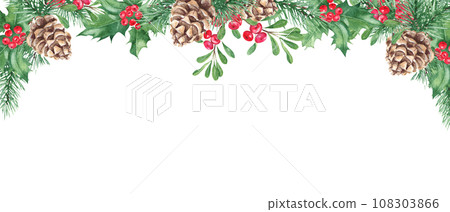 Horizontal watercolor Christmas border. Hand drawn illustration. Pine cone and branches, Holly plant with red berries. Cowberry, lingonberry. Perfect as a web banner or card and invitation template. 108303866