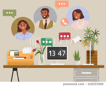 Video conference. Vector illustration. The discussion during video conference can be as engaging as in-person meeting Conducting interviews through video conferences saves time and resources 108303900