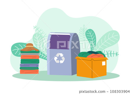 Recycling clothes. Vector illustration. Pollution caused by textile industry requires urgent attention and social action Embracing circular cycle clothing production and recycling is essential Recycling clothes. Vector illustration. Pollution caused by textile industry requires urgent attention and social action Embracing circular cycle clothing production and recycling is essential 108303904