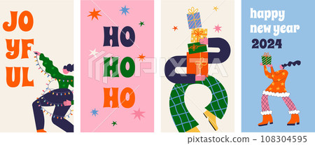 Fun Merry Christmas and Happy New Year banner, Christmas background and card with groovy, hippie Fun Merry Christmas and Happy New Year banner, Christmas background and card with groovy, hippie 108304595