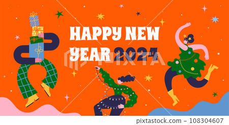 Fun Merry Christmas and Happy New Year banner, Christmas background and card with groovy, hippie Fun Merry Christmas and Happy New Year banner, Christmas background and card with groovy, hippie 108304607