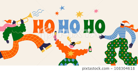 Fun Merry Christmas and Happy New Year banner, Christmas background and card with groovy, hippie 108304618