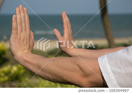Man practicing tai chi by the sea 108304997
