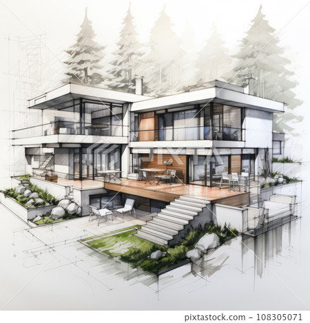 Generative ai illustration of design plan for house. Architect sketch Generative ai illustration of design plan for house. Architect sketch 108305071