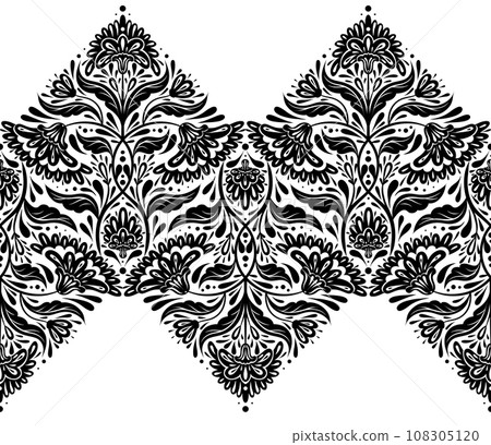 Vector decorative seamless border with black silhouette floral arrangement. Monochrome horizontal folk art frieze with tracery flowers and stems Vector decorative seamless border with black silhouette floral arrangement. Monochrome horizontal folk art frieze with tracery flowers and stems 108305120