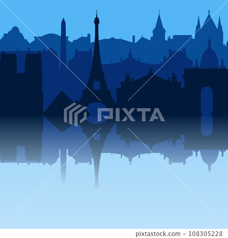 Paris City skyline. Silhouette City Paris France blue background. Vector illustration 108305228
