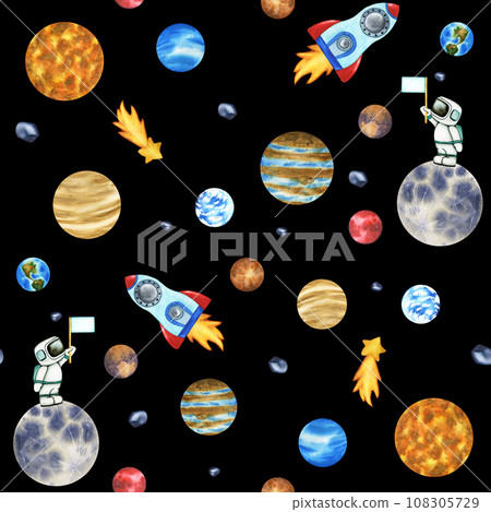 Seamless pattern galaxy with planets clip art. Cute Astronaut and rocket in space isolated on black background. Watercolor Illustration of outer space with stars Seamless pattern galaxy with planets clip art. Cute Astronaut and rocket in space isolated on black background. Watercolor Illustration of outer space with stars 108305729