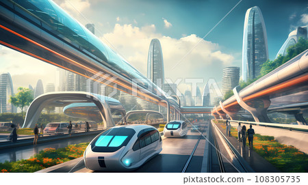 Futuristic City Advanced Transportation Realistic Illustration 108305735