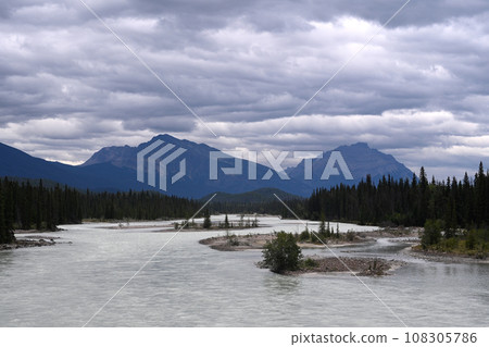 Landscape of Canada with river and Mountains. Jasper National Park, Alberta, Canada. 108305786