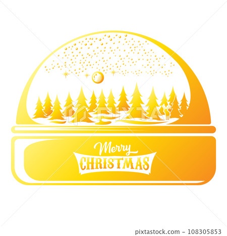 Merry Christmas greeting card with Christmas snowball or snow globe golden silhouette icon with xmas tree, sky, moon, deer and greeting christmas text isolated on white christmas background. 108305853