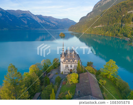 Aerial top view of garden park with green mangrove forest trees, river, pond or lake. Nature landscape background, iseltwald, Switzerland. Aerial top view of garden park with green mangrove forest trees, river, pond or lake. Nature landscape background, iseltwald, Switzerland. 108305878