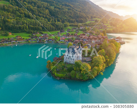 Aerial top view of garden park with green mangrove forest trees, river, pond or lake. Nature landscape background, iseltwald, Switzerland. 108305880