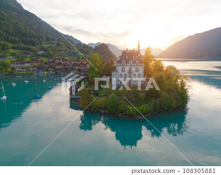 Aerial top view of garden park with green mangrove forest trees, river, pond or lake. Nature landscape background, iseltwald, Switzerland. Aerial top view of garden park with green mangrove forest trees, river, pond or lake. Nature landscape background, iseltwald, Switzerland. 108305881