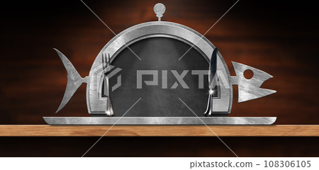 Template for a Fish Menu - Empty Blackboard on a Wooden Table 108306105
