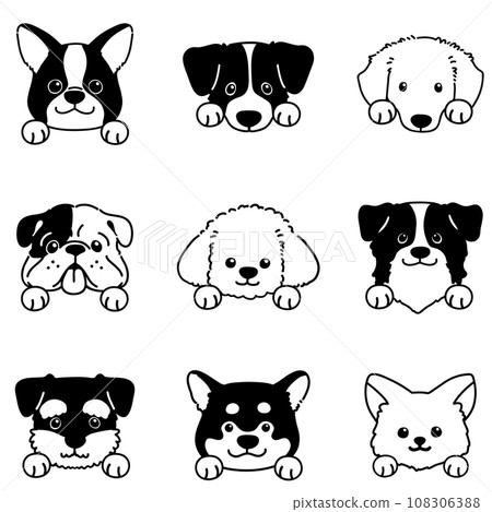 Simple and cute dog face illustration set, only the main lines are white Simple and cute dog face illustration set, only the main lines are white 108306388
