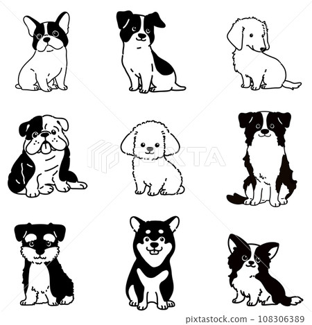 Simple and cute illustration set of various sitting dogs. Only the main lines are white. 108306389