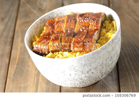 Kinshi tamago and eel kabayaki donburi 108306769