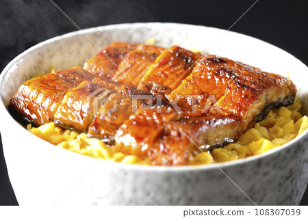 在黑色背景下拍攝的一碗熱氣騰騰的金子煎蛋捲和蒲燒鰻魚飯碗 在黑色背景下拍攝的一碗熱氣騰騰的金子煎蛋捲和蒲燒鰻魚飯碗 108307039