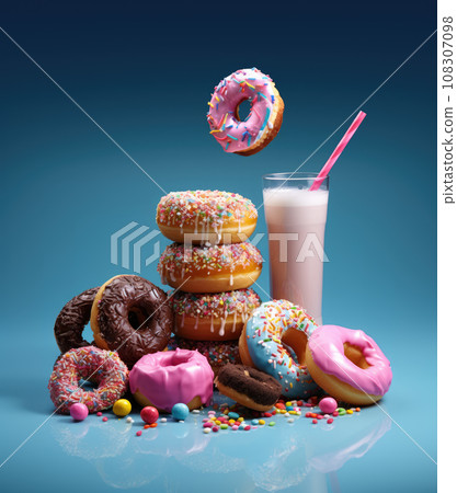 Ai generation. Donuts and a glass of pink milkshake on a blue background. Sweets concept. 108307098